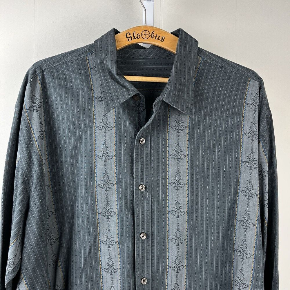 Tommy‎ Bahama Shirt Mens XXL Charcoal Gray Jacquard Silk Blend Long Sleeve